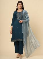 Silk Blend Aqua Blue Casual Wear Embroidery Work Readymade Kurti Set